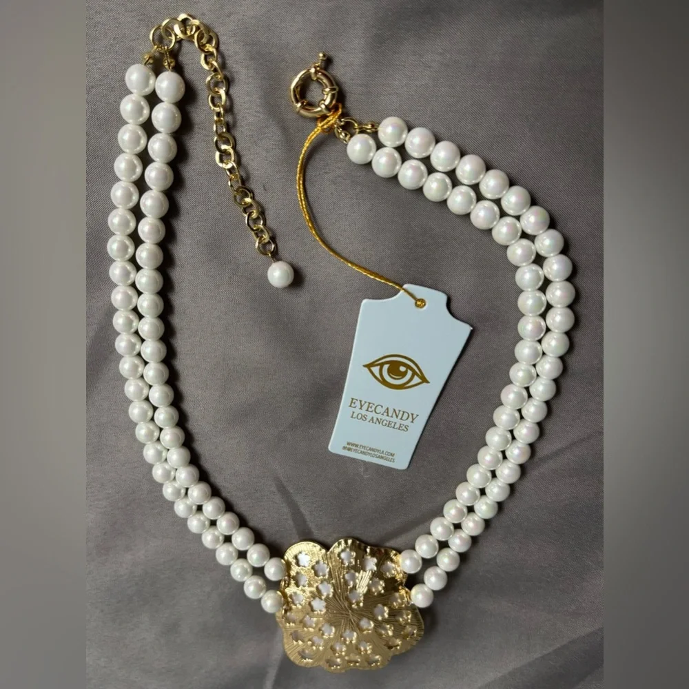 Eye Candy Mother of Pearl Rose Two Strand Statement Necklace - Picture 7 of 9